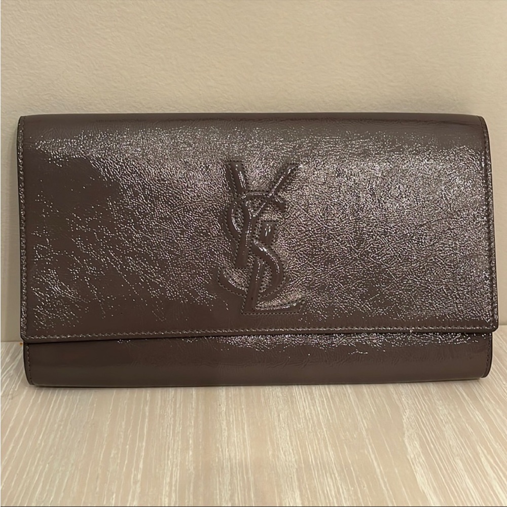 YSL gray patent leather clutch
